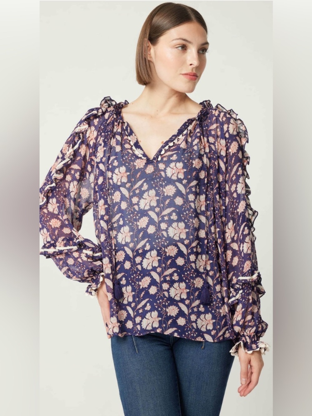 Miss June Paris Romane Blouse Navy Floral Ruffled Sleeves Tasseled Ties One Size
